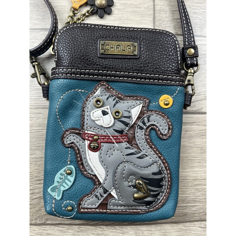 Chala Handbag Tabby Cat #827GTC7 Crossbody Bag 5" x 7" x 1" Turquoise Multicolor